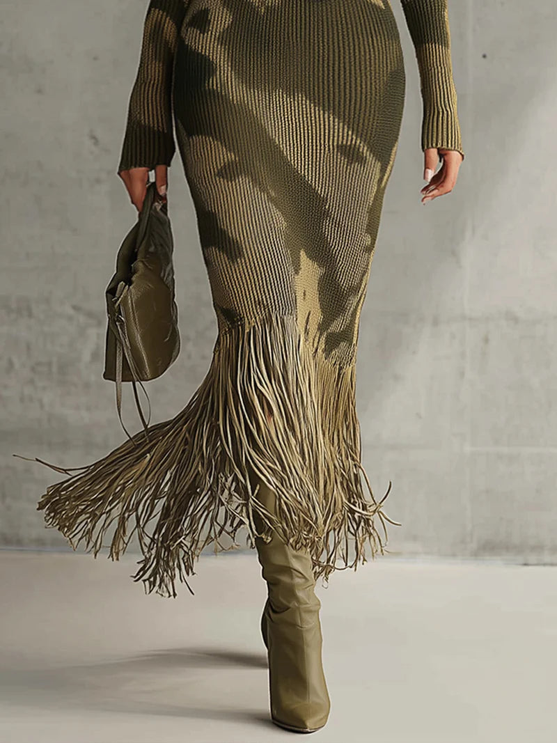 Olive Camo Knit V-Neck Fringe Hem Midi-Length Dress