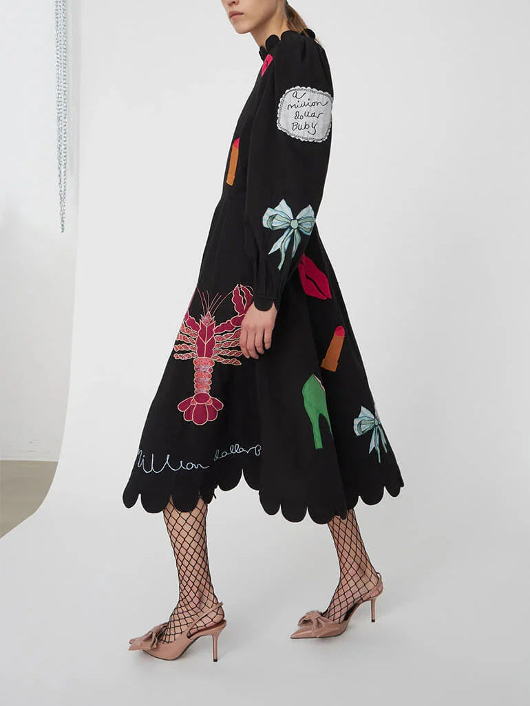 Lobster Graffiti Scallop Trim Midi-Length Dress