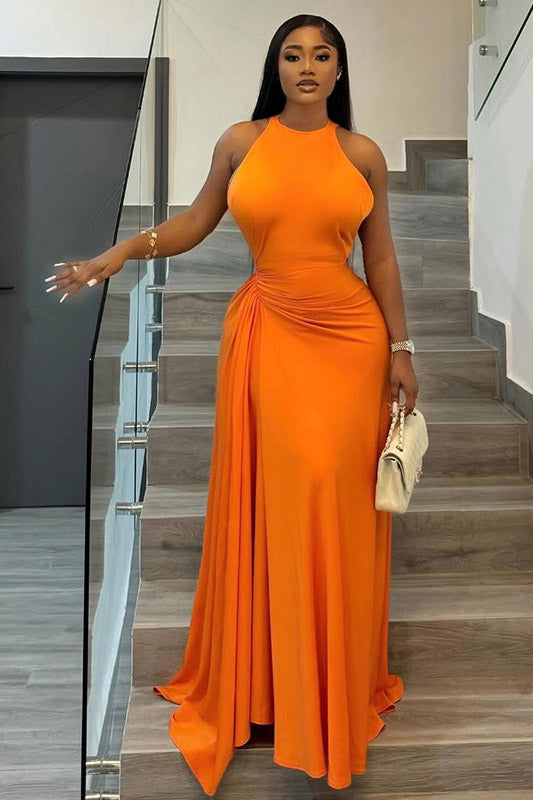 European & American Style Ruched Maxi-Length Dress