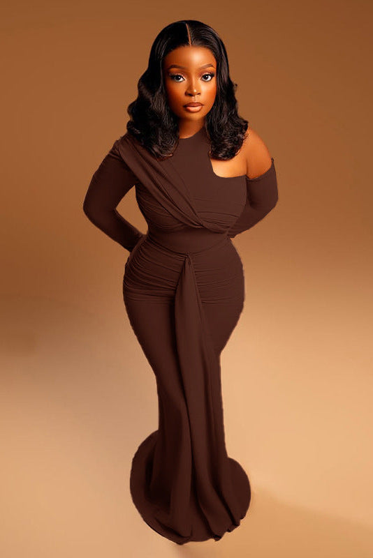 Refined Solid Brown Maxi-Length Dress