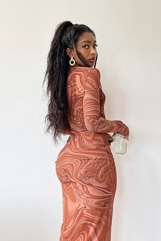 Edgy Swirl Sheer Midi-Length Dress