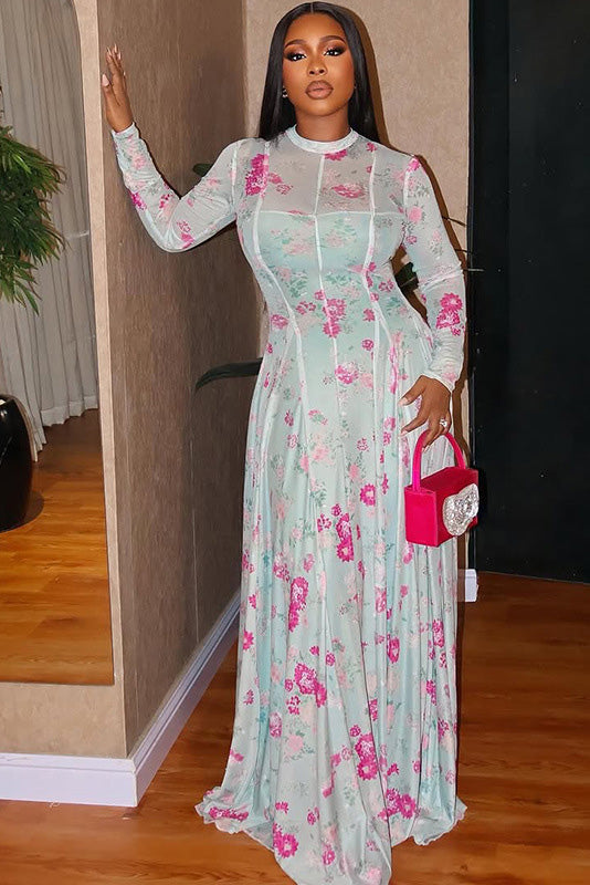 Spring Garden Print A-Line Maxi-Length Dress