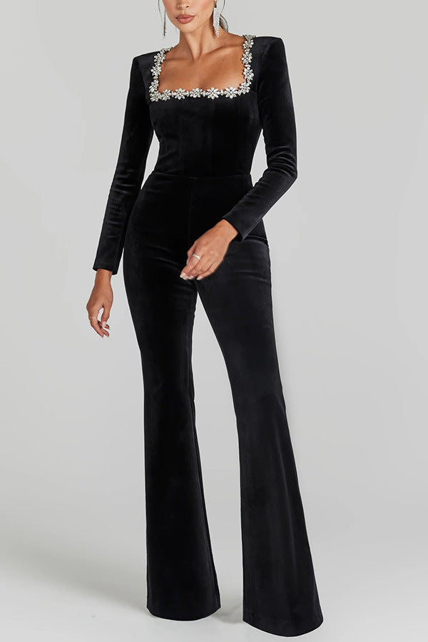 Modern Diamond Velvet Square Neck Jumpsuit