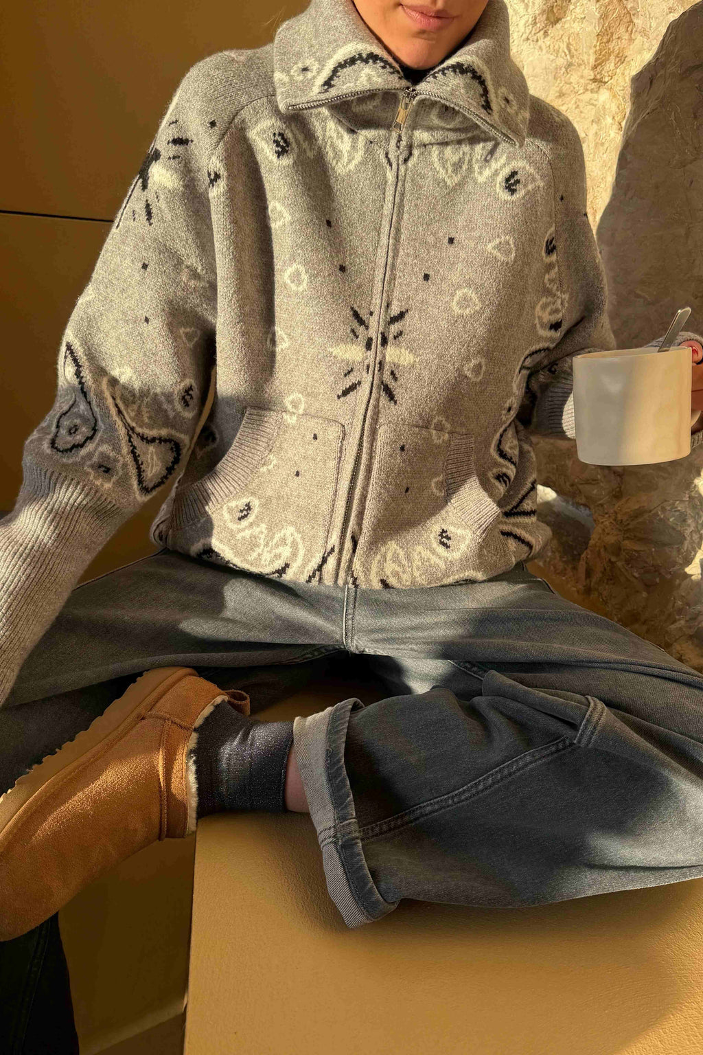 Gray Bandana Patterned Knit Cardigan