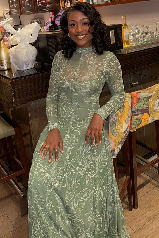 Botanical Print Sheer Mesh Maxi-Length Dress