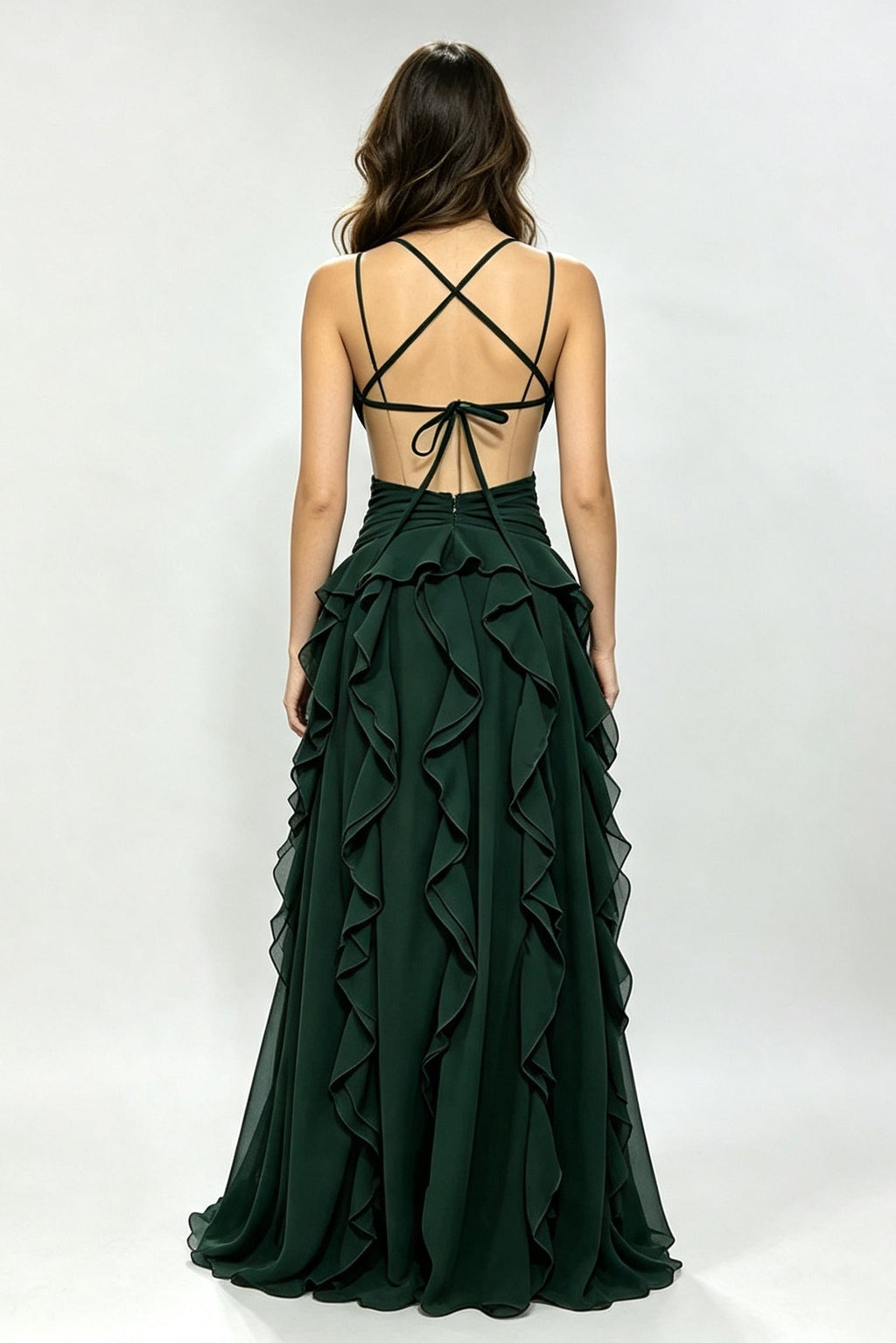 Deep V Cross Tie Open-Back Multi Ruffled Maxi-Length Dress