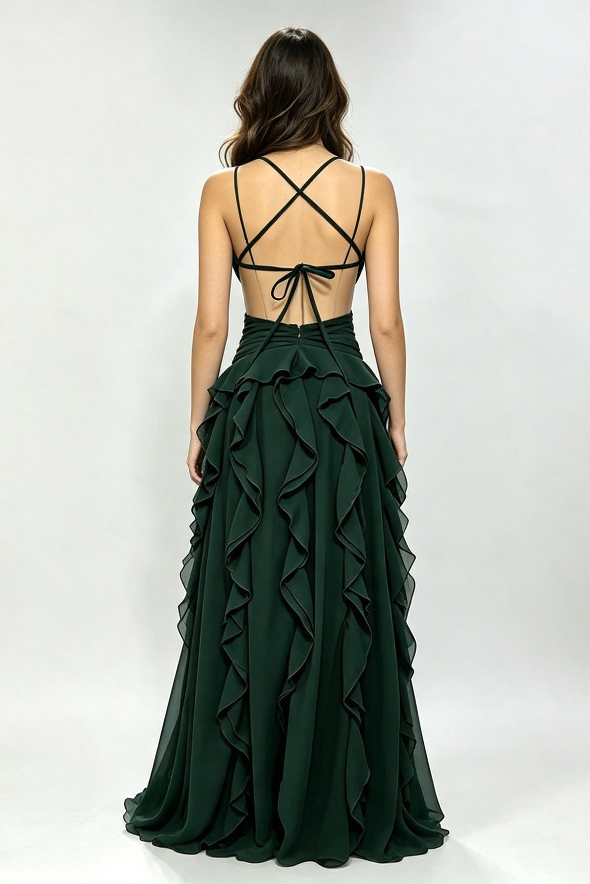 Deep V Cross Tie Open-Back Multi Ruffled Maxi-Length Dress