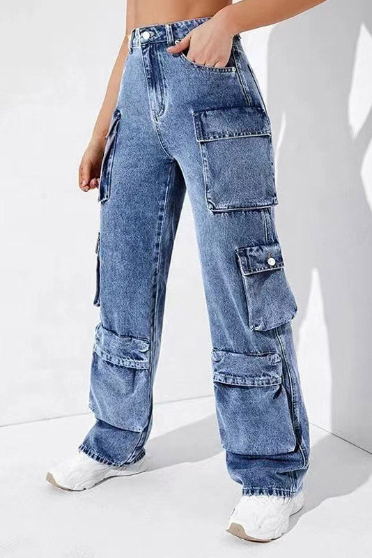 High-Waisted Denim Cargo Pants