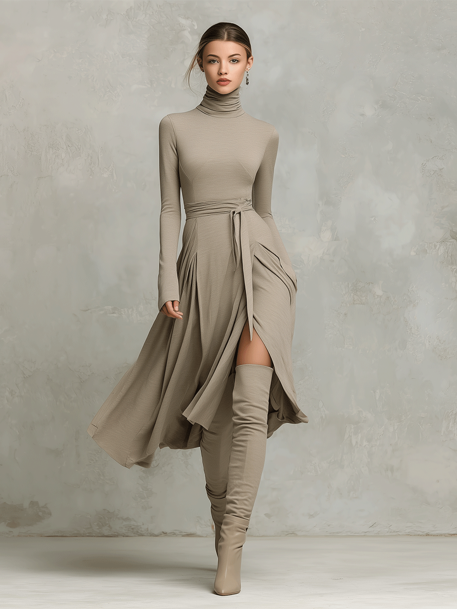 Women's Refined Figure-flattering Long Sleeves Knit Blend Midi-Length Dress