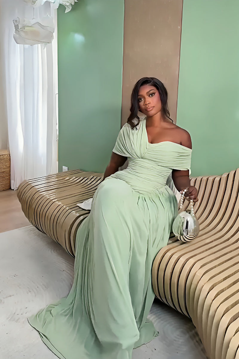 Mint Green Pleated Maxi-Length Dress