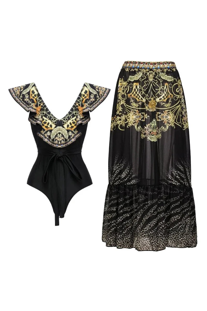 Black Gold Print Ruffled Tie Swimwear Set