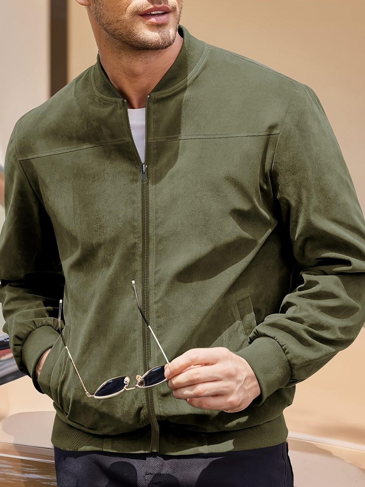 Suede Leather Jacket with Multiple Pockets
