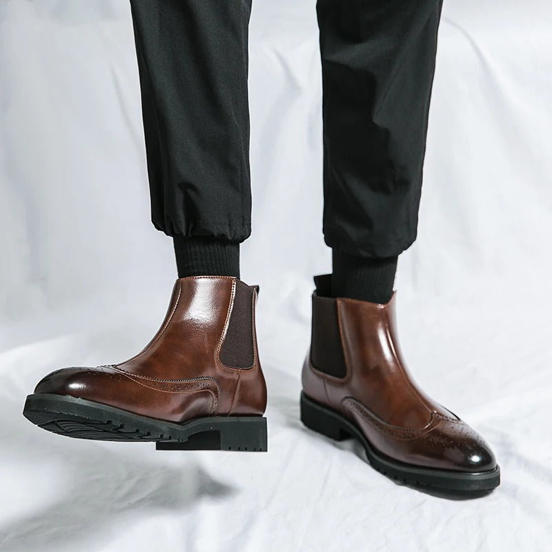 Leather Chelsea Boots with Brogue Detailing and Shock-Absorbing Sole
