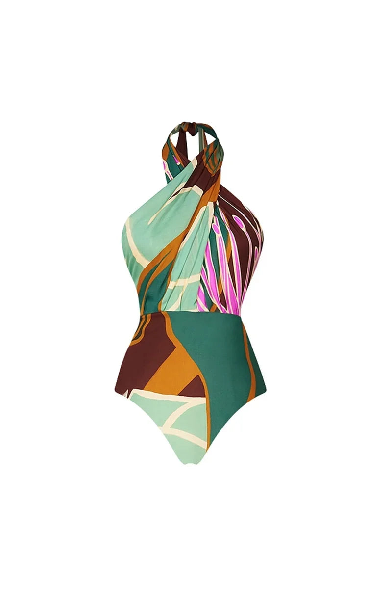 Halter Cross Open-Back Flower Swimwear Set
