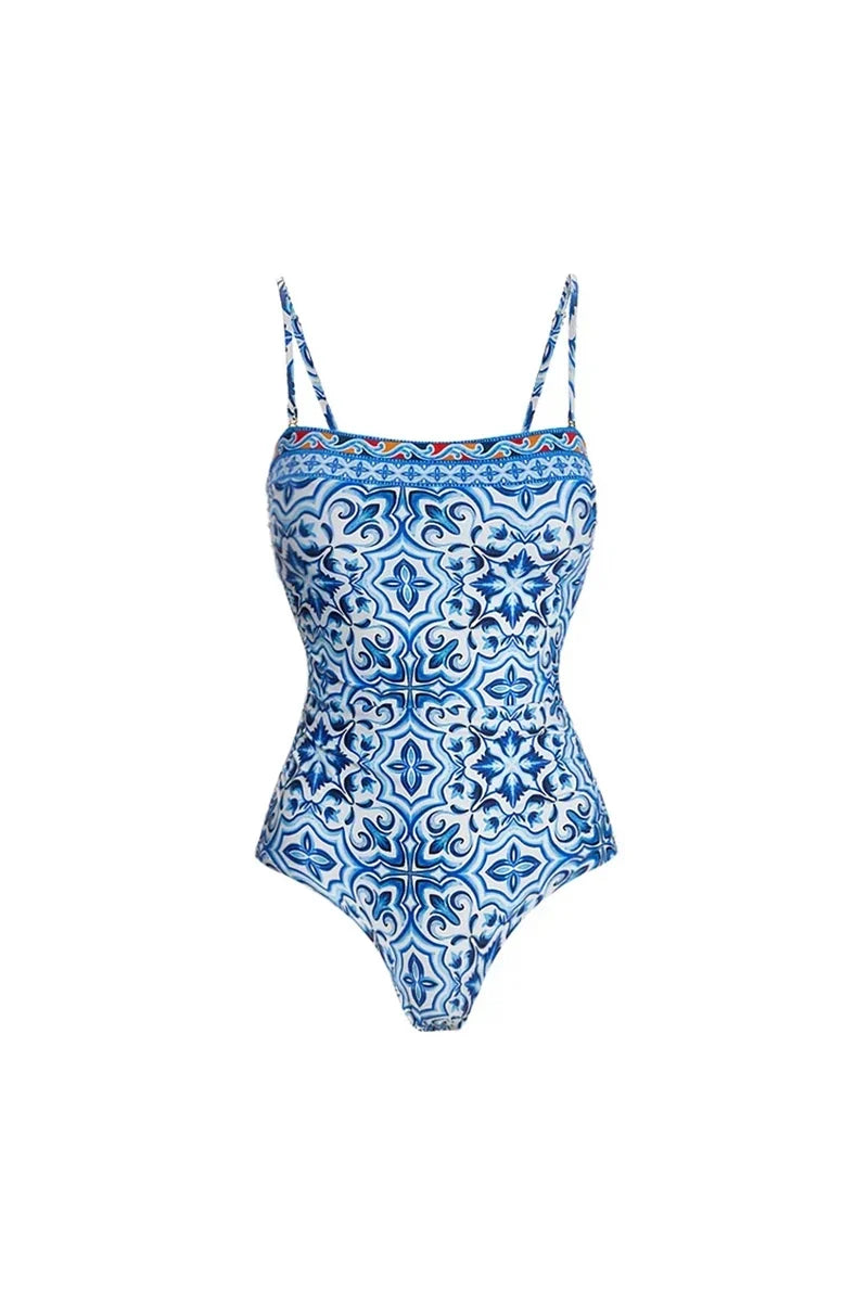 Blue Ethnic Print Swimwear Set