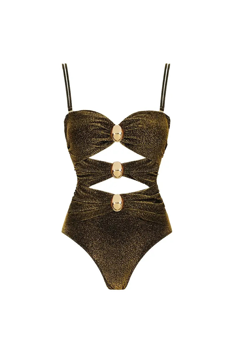Gold Buckle Cut-Out Glossy One Piece Swimwear Set