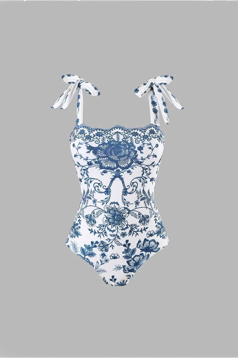 Flower Bow Tie One-Piece Swimwear Set