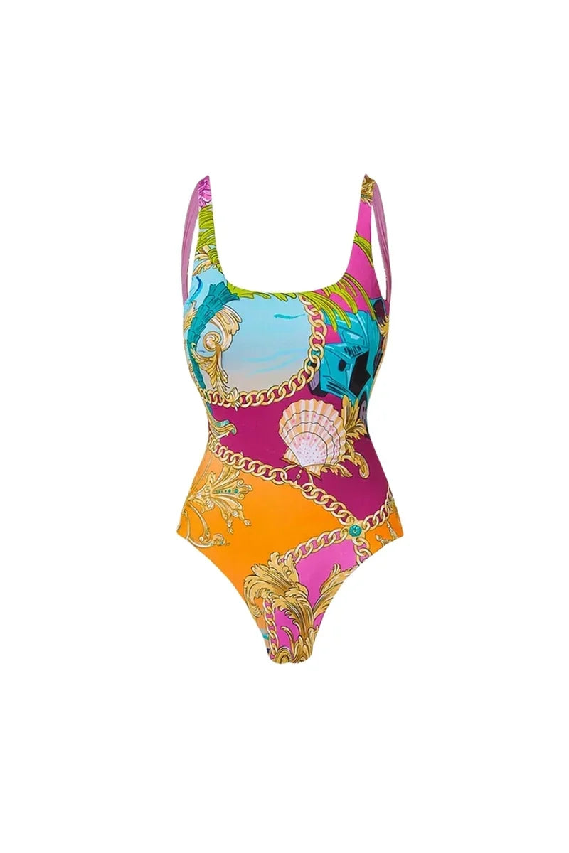 Colorblock Cartoon Print One-Piece Swimwear