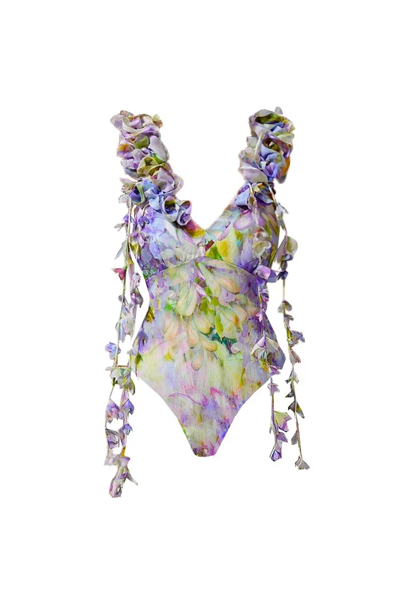 Flower Applique Tie-Up Fairy Style Swimsuit