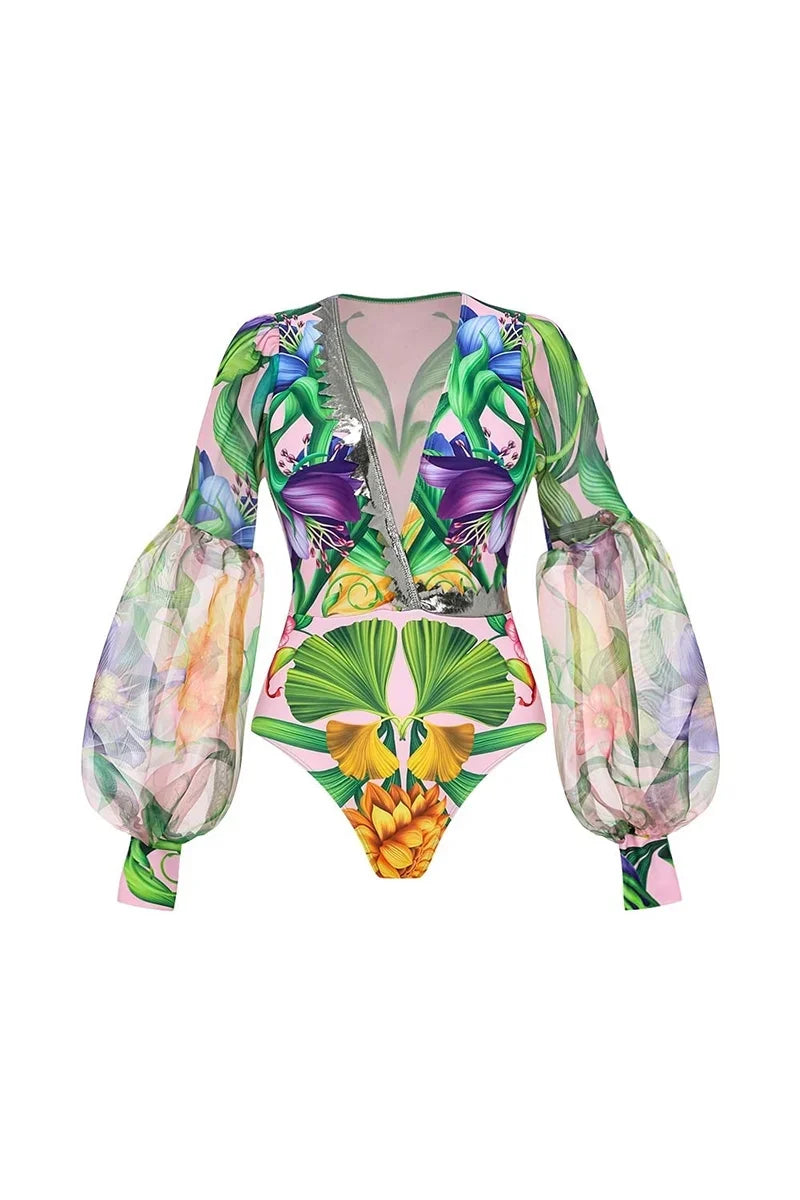 Deep V Lantern Sleeve Patterned Swimwear Set