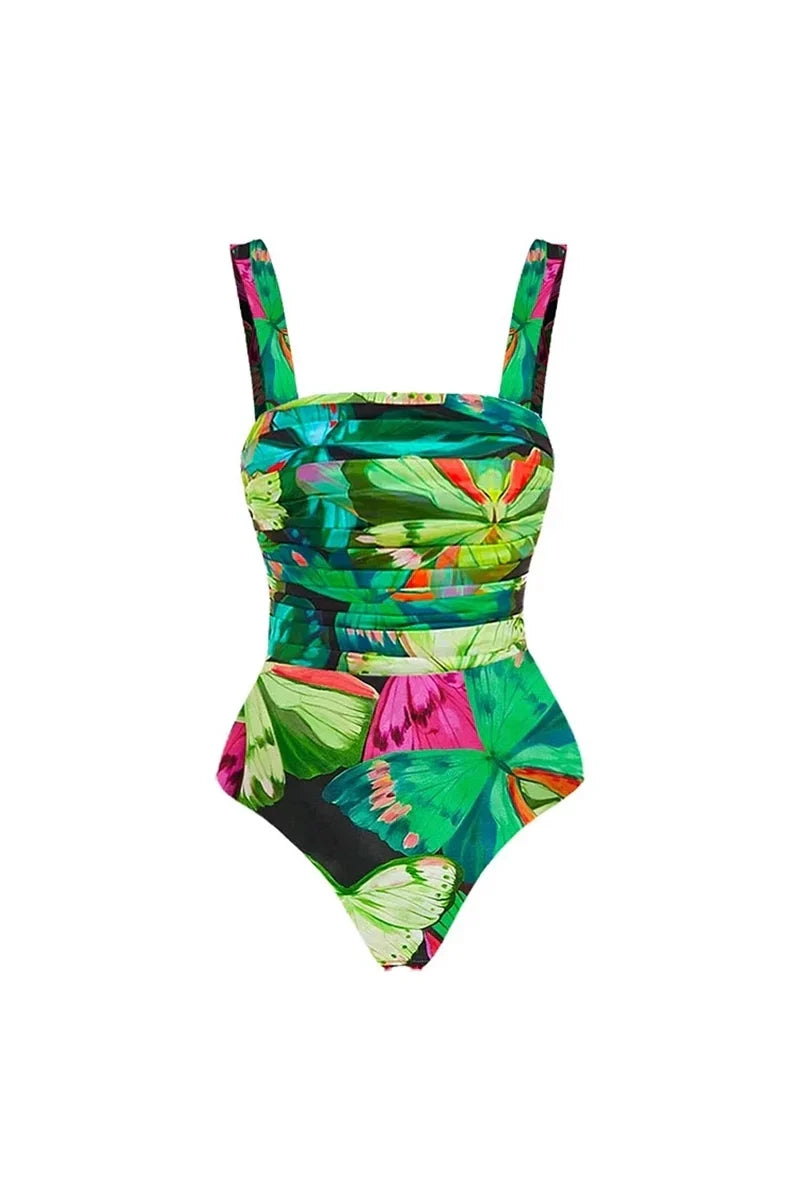 Butterfly Print Ruched Slimming Swimwear Set