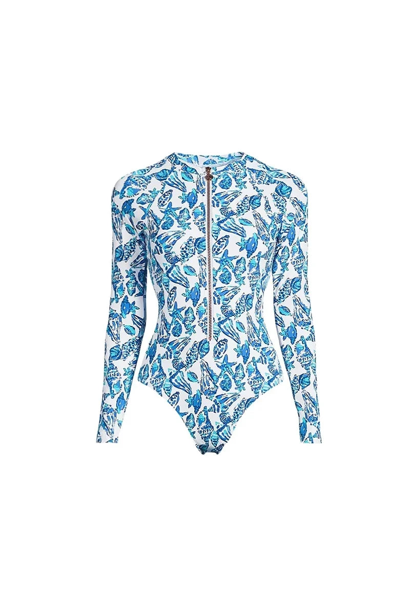 Green Zip-Front Flower Surf Swimwear Set