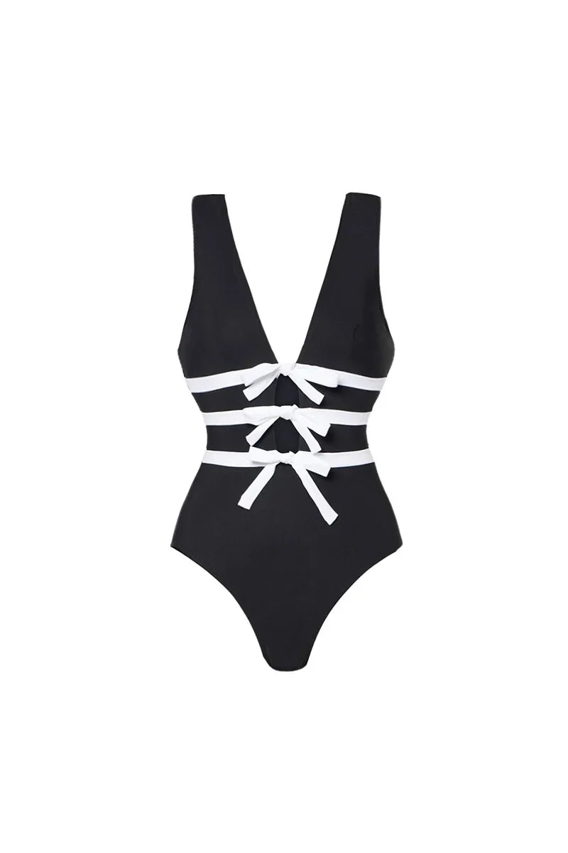 Cut-Out Black and White One-Piece Swimwear