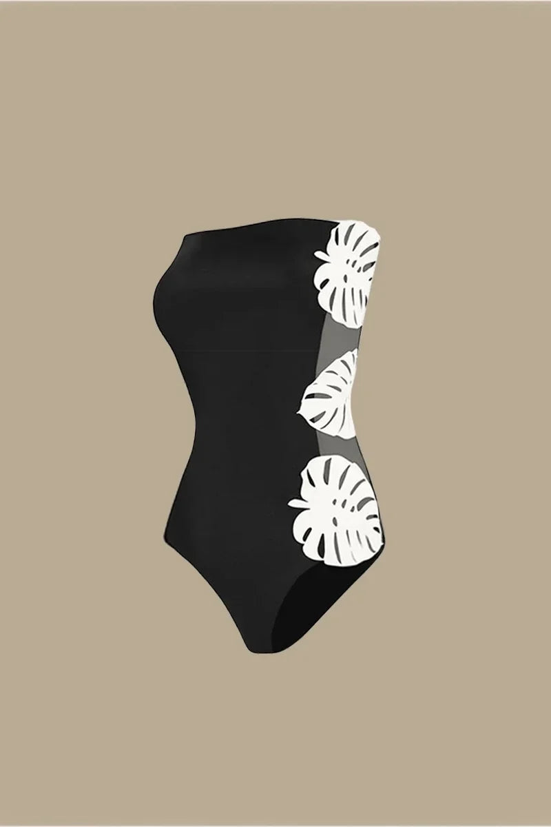 Leaf Patchwork Cut-Out Strapless Swimsuit