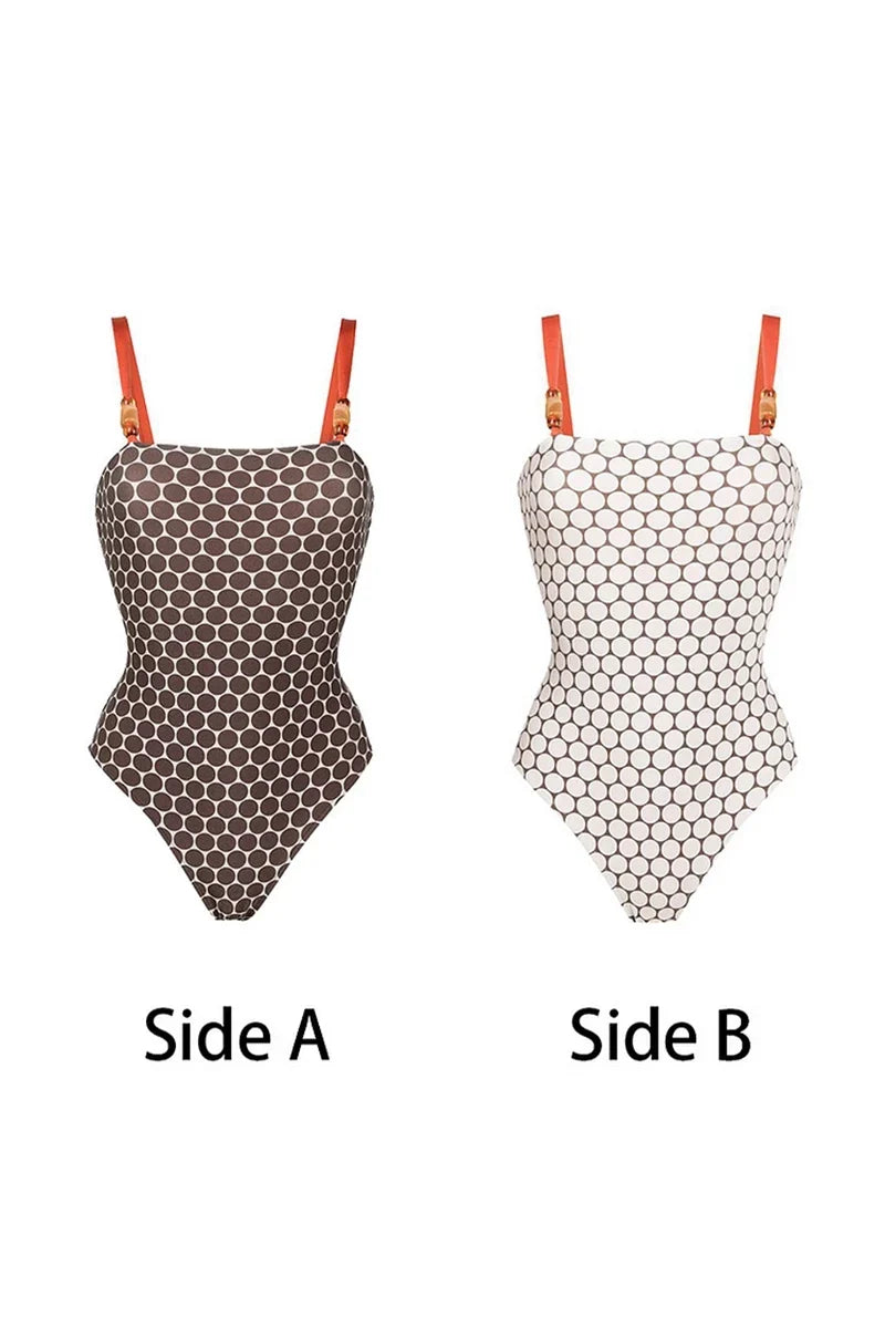 Modern Luxury Reversible Swimsuit with Hermes-Inspired Print