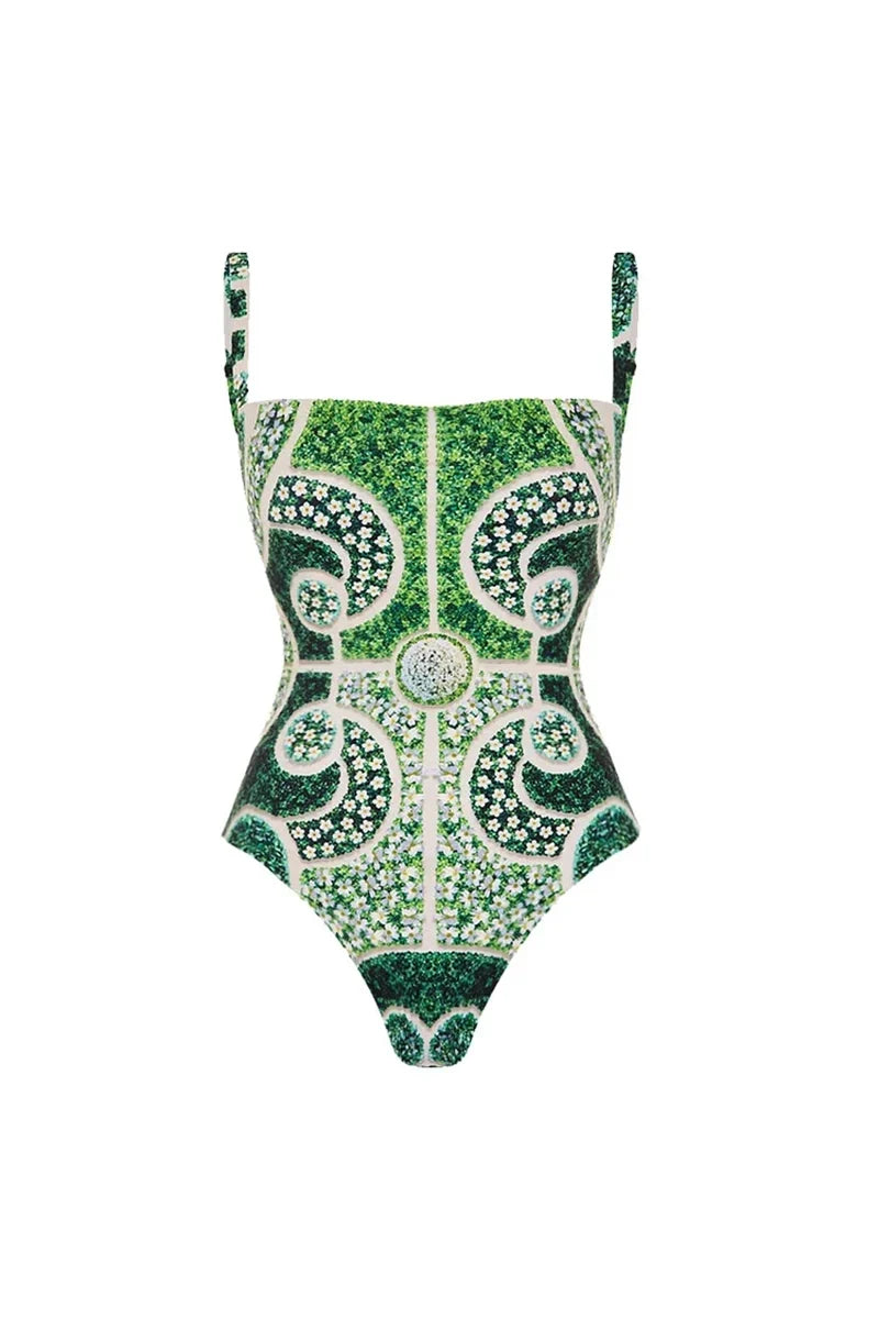 Green Ethnic Print One Piece Swimwear Set