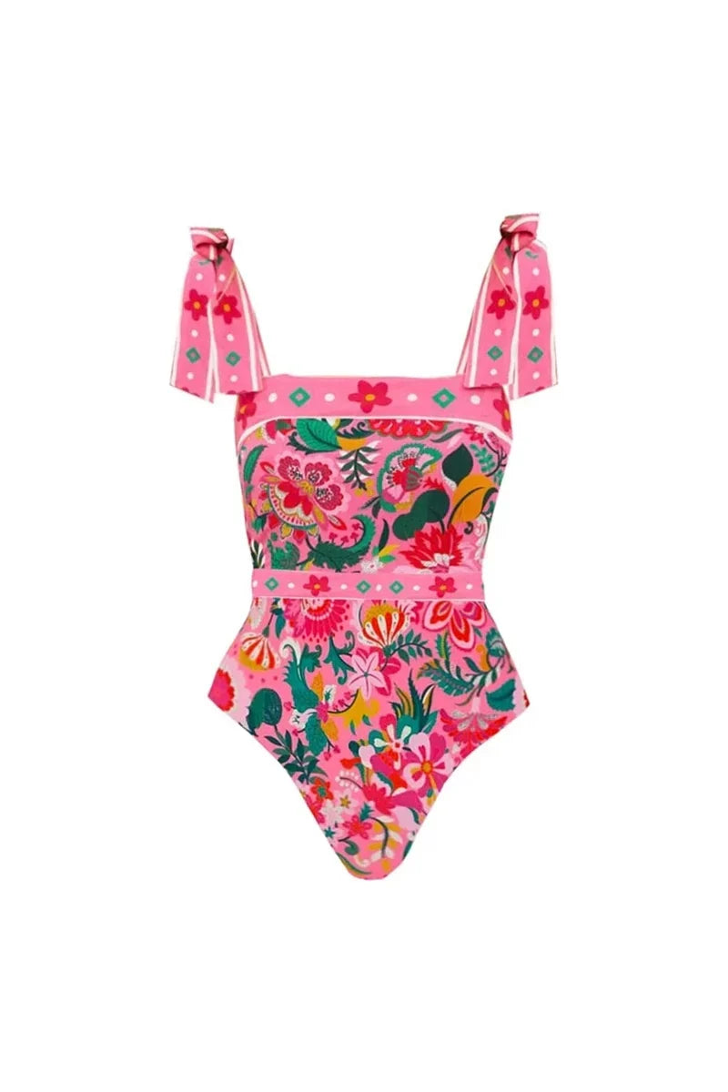 Flower Bowknot Tie One-Piece Swimwear
