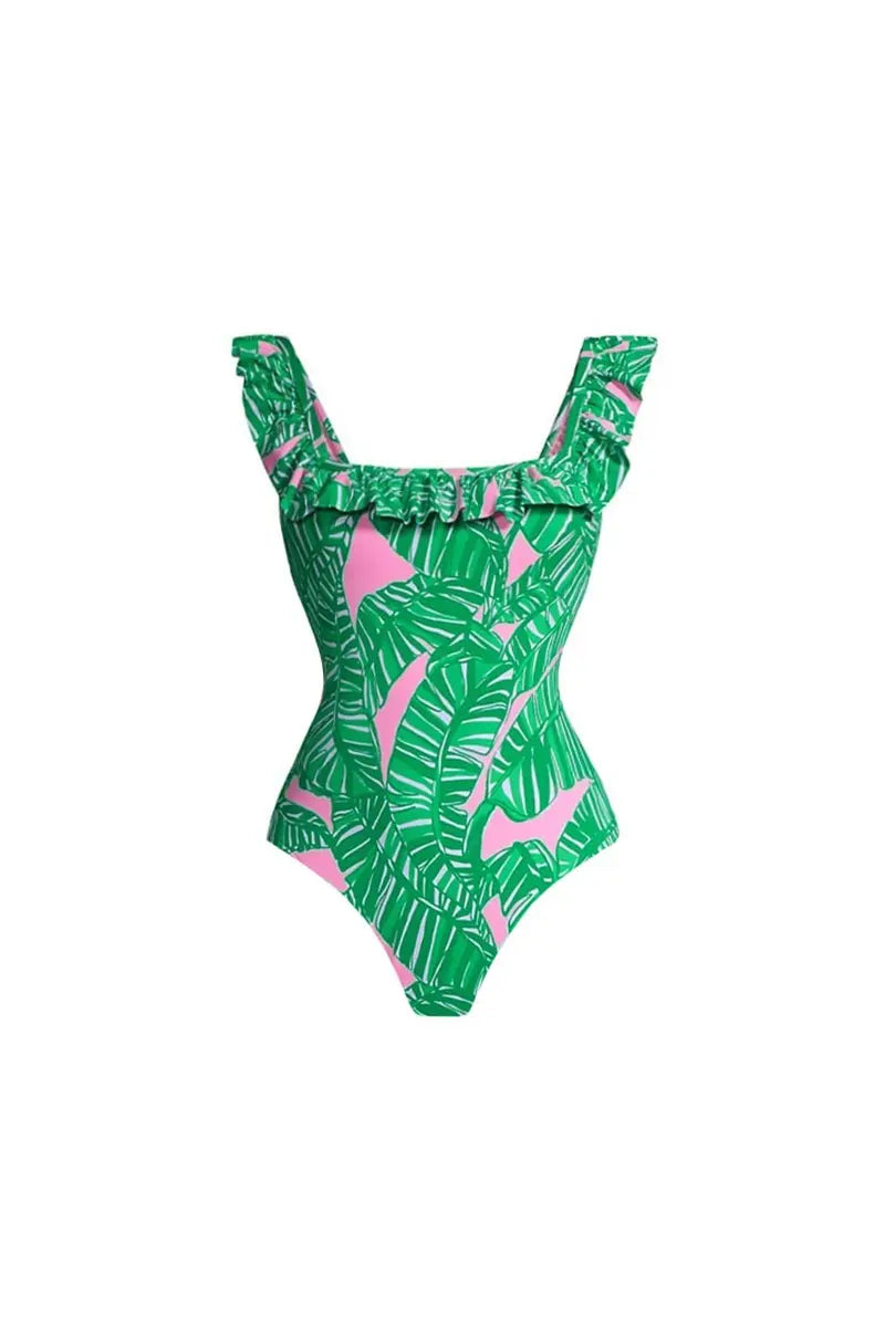 Green Ruffled Print One Piece Swimsuit