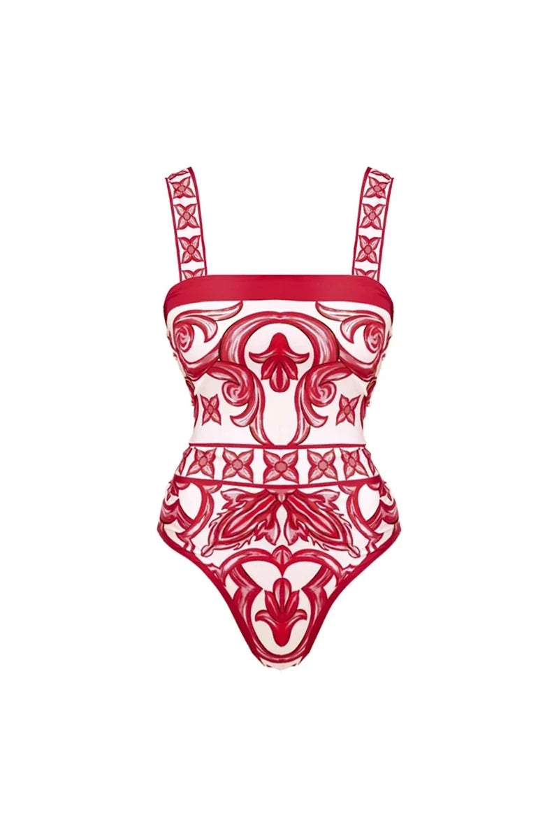 Ethnic Print One-Piece Swimwear Set