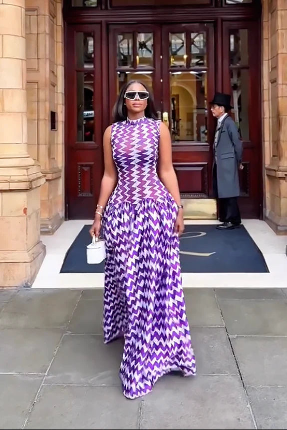 Purple Zigzag Print Maxi-Length Dress