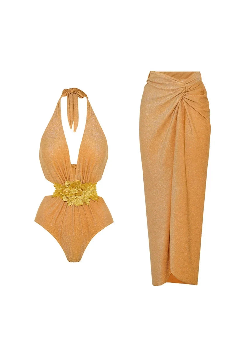 Golden Halter Deep V One-Piece Swimwear