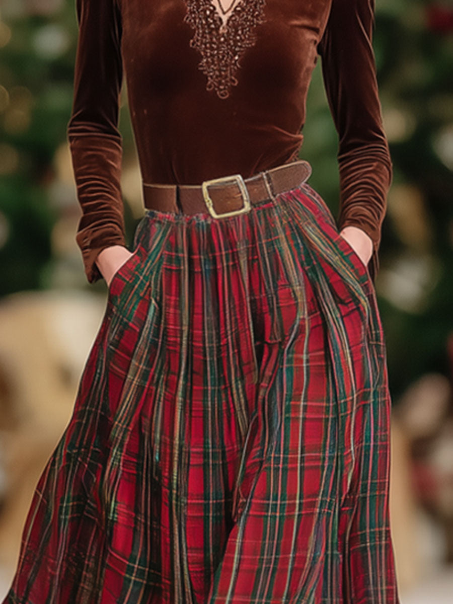 Coordinated V-Neck Lace Long-sleeved T-shirt And Red Plaid Skirt Set
