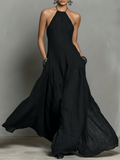 Clean-Lined Linen-Blend Halter Neck Maxi-Length Dress