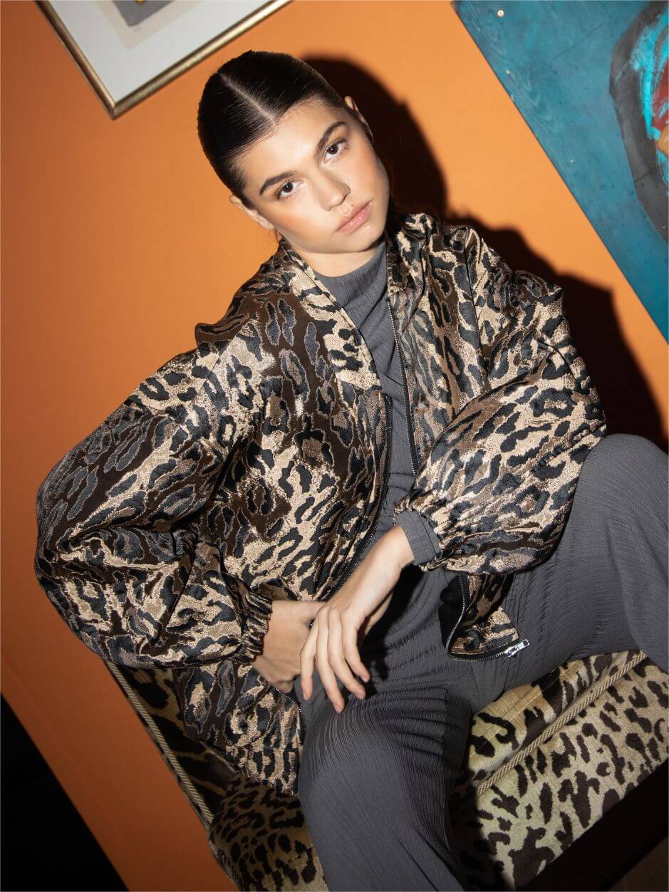 Oversized Bomber Jacket with Leopard Print
