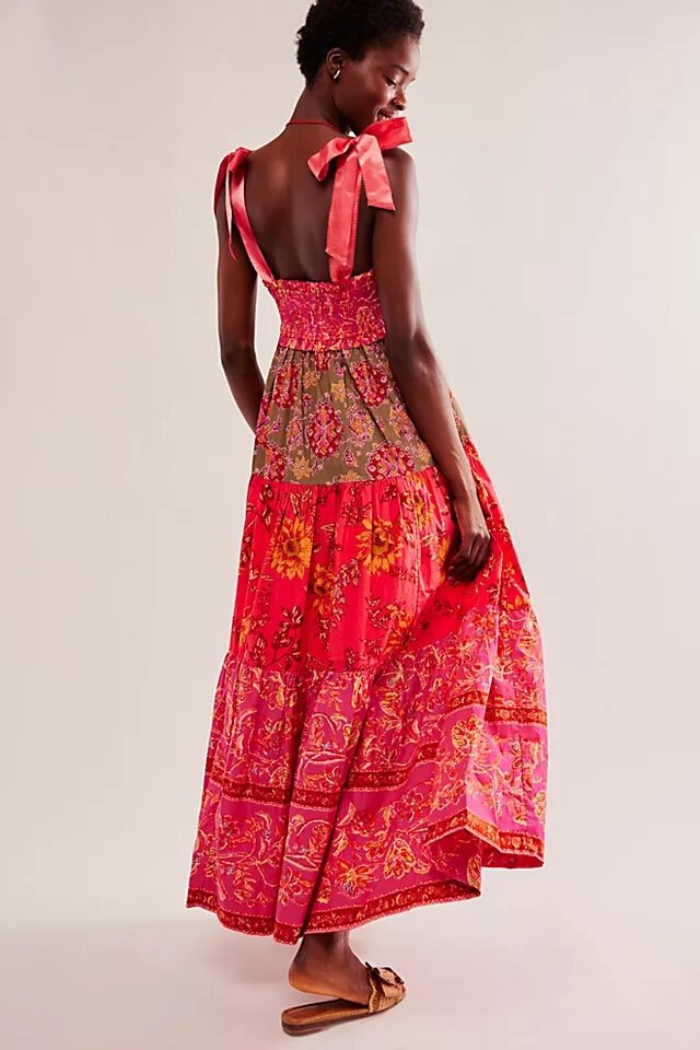 Bow-Strap Flower Tiered Maxi-Length Dress