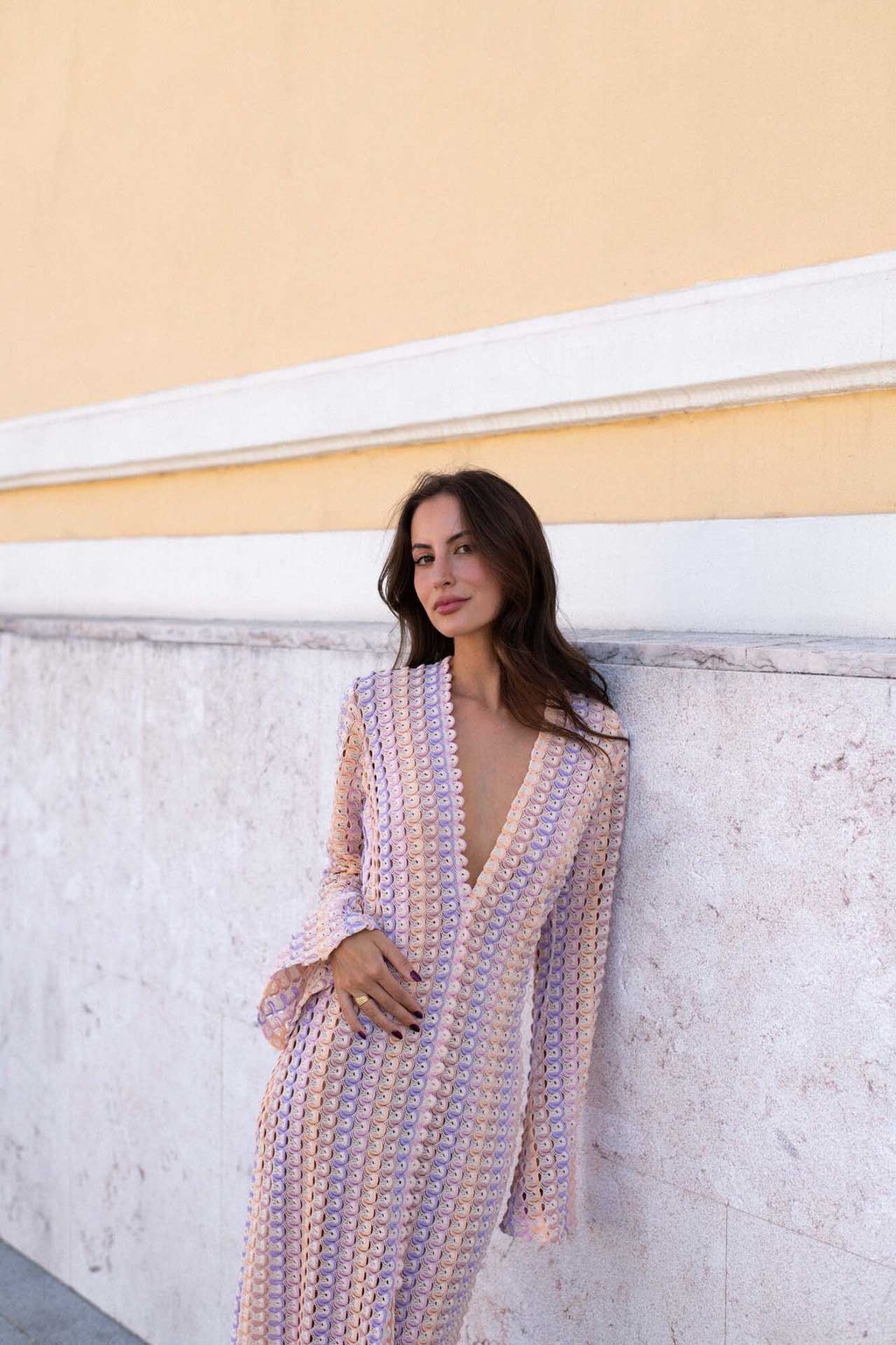 Boho V-Neck Bell Sleeve Wavy Striped Crochet Beach Vacation Maxi-Length Dress