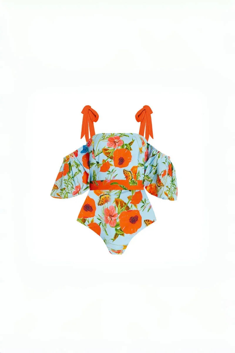 Flower Puff Sleeve Bandeau One-Piece Swimwear
