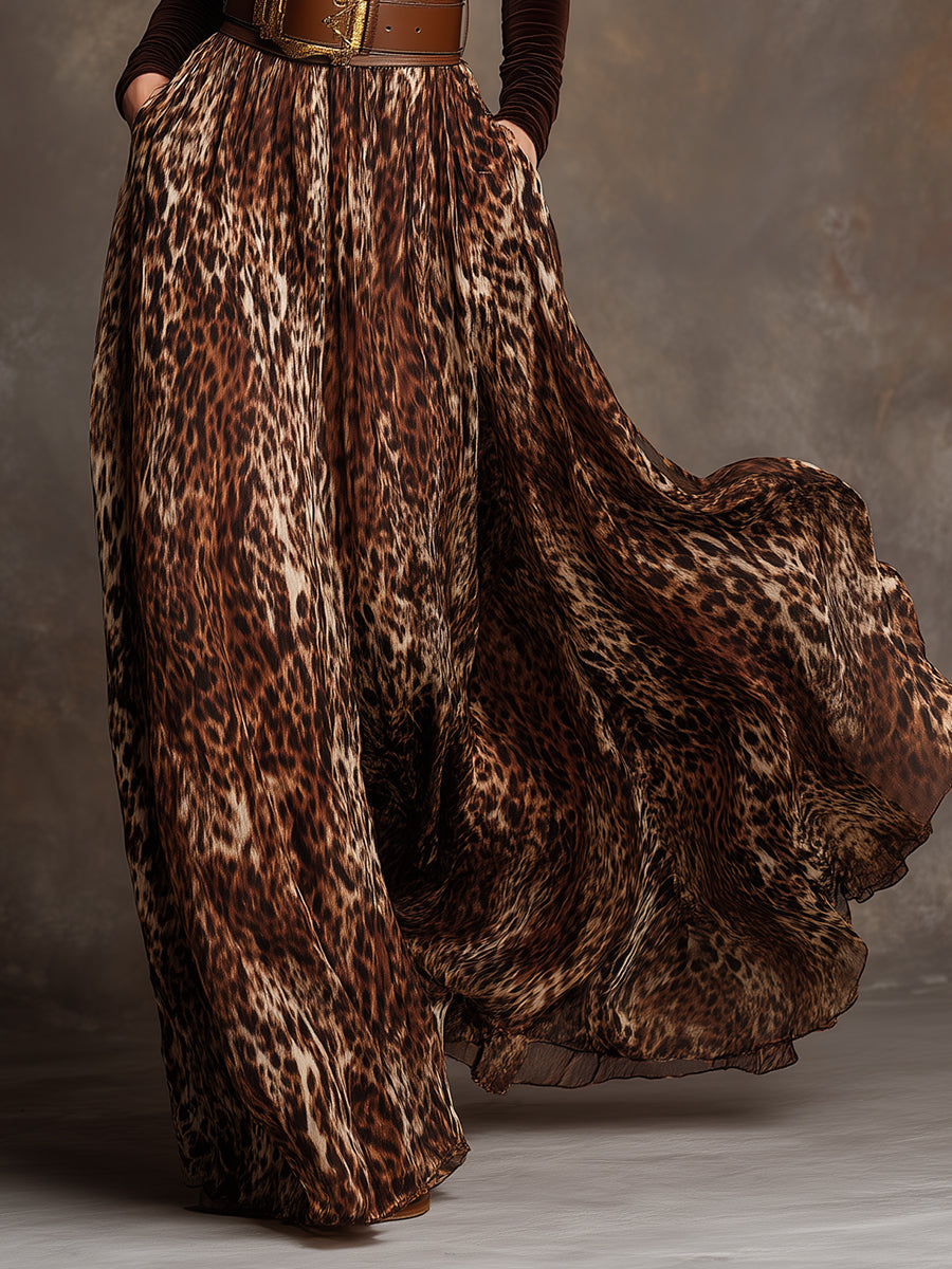Refined Turtleneck Velvet Top & Leopard Print Long Skirt Set With Belt