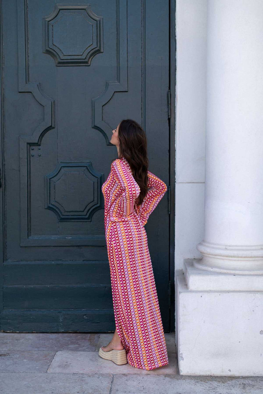 Boho V-Neck Bell Sleeve Wavy Striped Crochet Beach Vacation Maxi-Length Dress