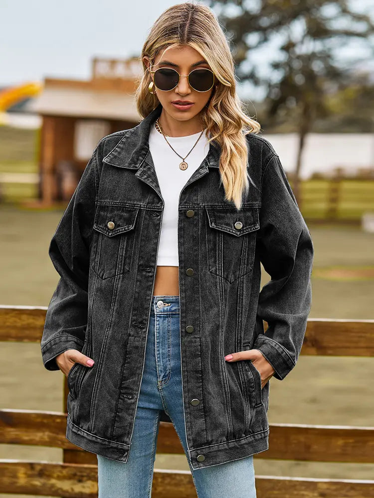 Denim Jacket with Button Closure, Pockets and Relaxed Fit