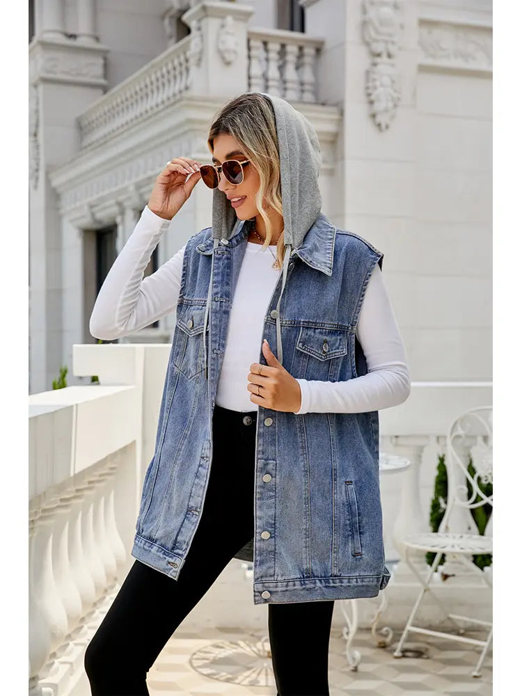Lightweight Denim Vest with Hood and Button Closure