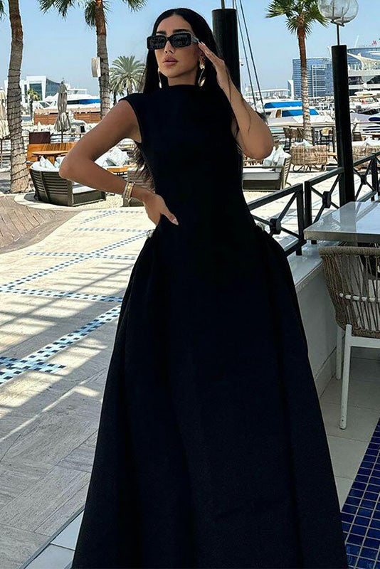 Clean-Lined High-Neck Sculptural Maxi-Length Dress