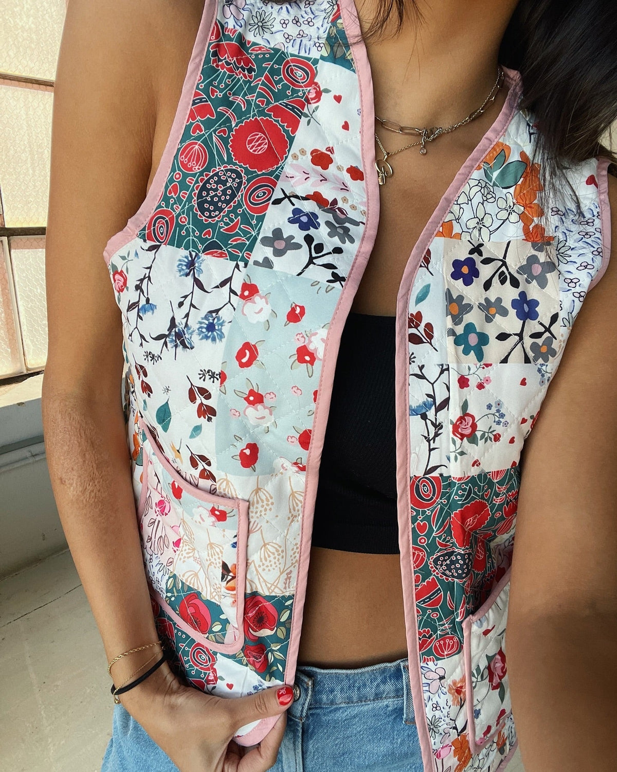 Vest with Floral Print and Patchwork