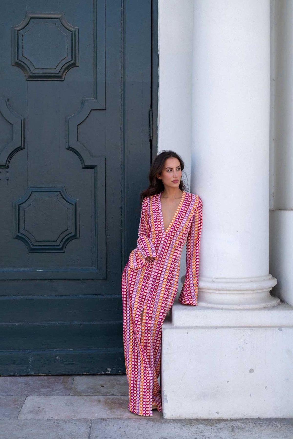 Boho V-Neck Bell Sleeve Wavy Striped Crochet Beach Vacation Maxi-Length Dress