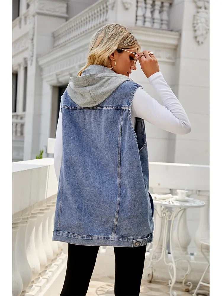 Lightweight Denim Vest with Hood and Button Closure