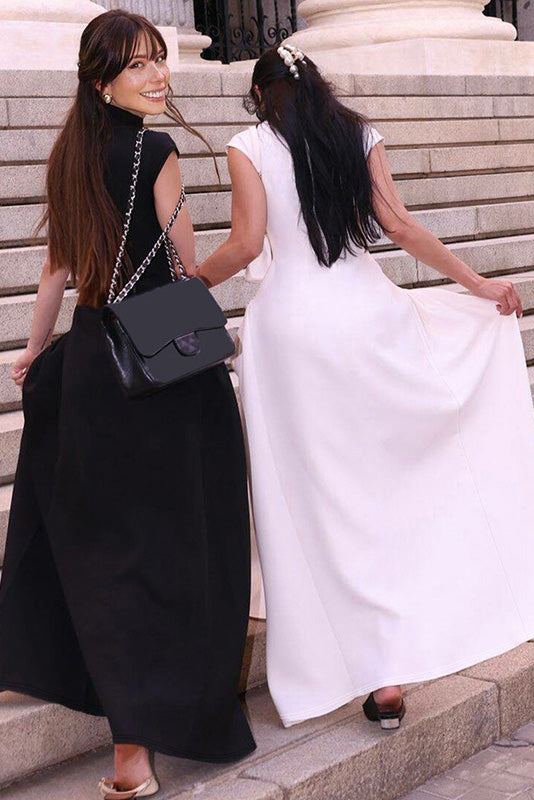 Clean-Lined High-Neck Sculptural Maxi-Length Dress